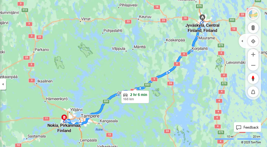 Jyvaskylasta Nokialle - Matka, Ajo, Kuljetus ja Matkustamisvaihtoehdot