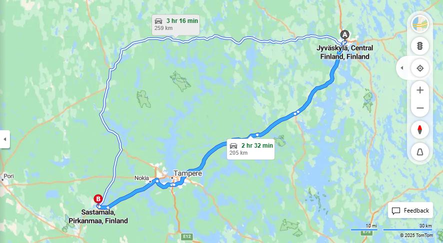 Jyvaskylasta Sastamalaan - Etaisyys, Ajo, Liikenne ja matkustusmahdollisuudet