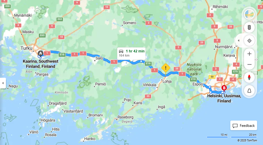 Kaarinasta Helsinkiin - Etaisyys, Ajo, Kuljetus ja Matkavaihtoehdot
