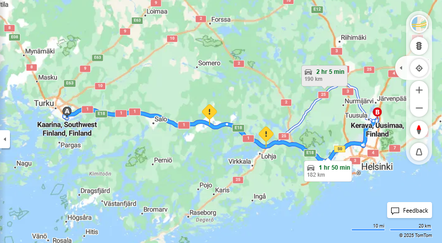 Kaarinasta Keravalle - Etaisyys, Ajomatka, Liikenne ja Matkustusvaihtoehdot