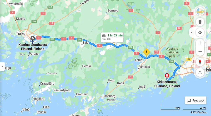 Kaarinasta Kirkkonummelle - Etaisyys, Ajaminen, Kuljetus ja Matkustusmahdollisuudet