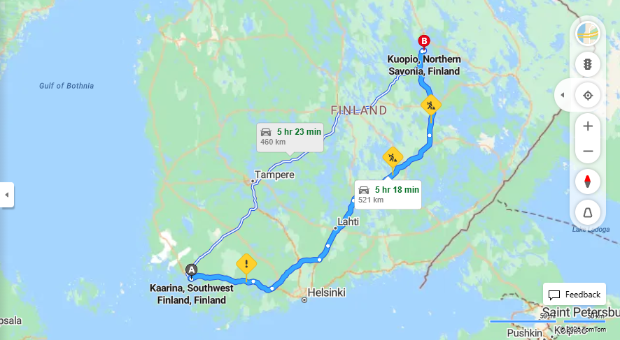 Kaarinasta Kuopioon - Etaisyys, Ajomatka, Kuljetus ja Matkavaihtoehdot