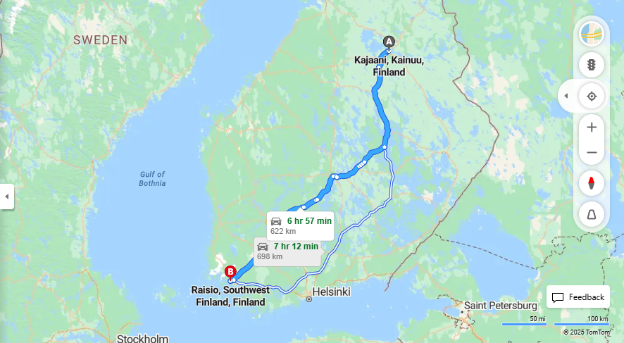 Kajaani - Raisio: Etaisyys, Ajomatka, Kuljetus ja Matkustusvaihtoehdot