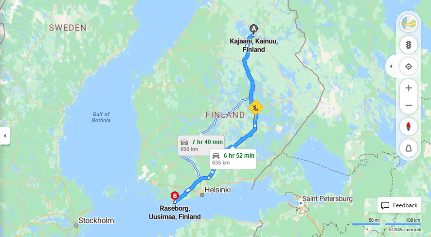 Kajaani - Raseborg: Matkustaminen, Etaisyys ja Kuljetusvaihtoehdot