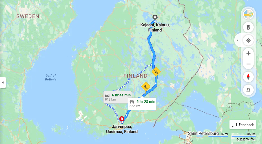 Kajaanista Jarvenpaahan - Etaisyys, ajo, liikenne ja matkustamisvaihtoehdot