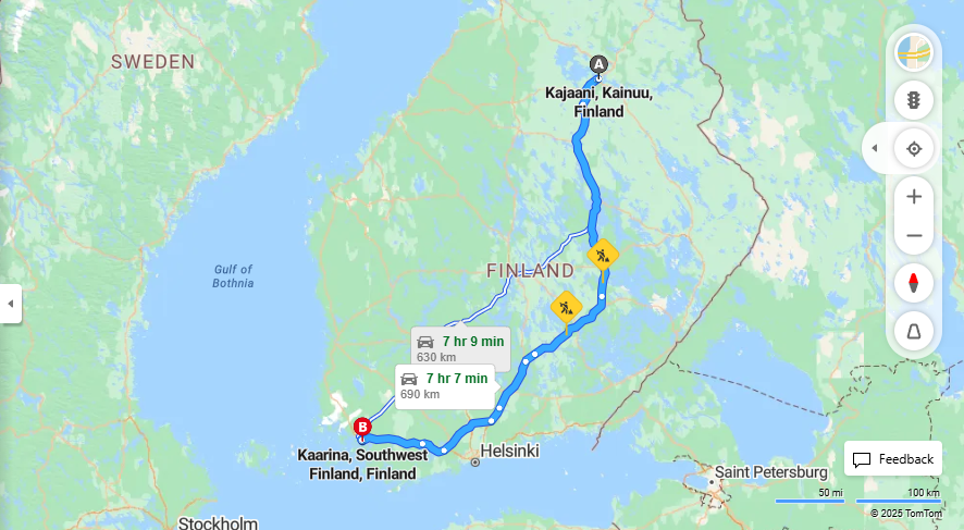 Kajaanista Kaarinaan - Etaisyys, ajo, liikenne ja matkustusvaihtoehdot