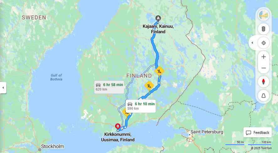 Kajaanista Kirkkonummelle - Etaisyys, Ajo, Liikenne ja Matkustusvaihtoehdot