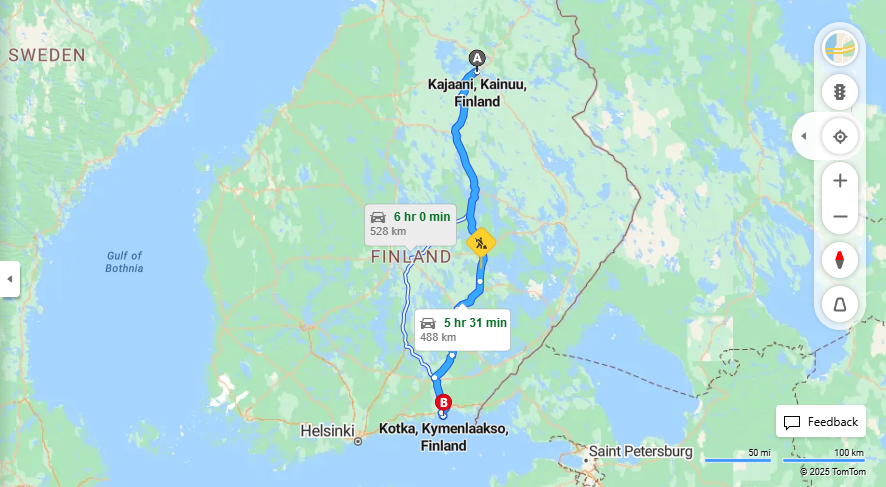 Kajaanista Kotkaan - Etaisyys, Ajo, Liikkuminen ja Matkustusmahdollisuudet