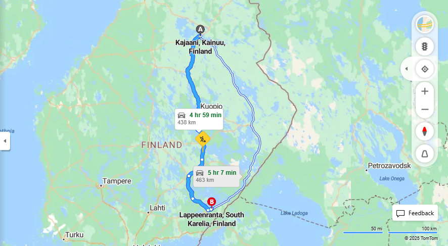 Kajaanista Lappeenrantaan - Etaisyys, Ajo, Liikenne ja Matkavaihtoehdot