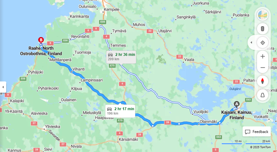 Kajaanista Raaheen - Etaisyys, Ajo, Kuljetus ja Matkavaihtoehdot
