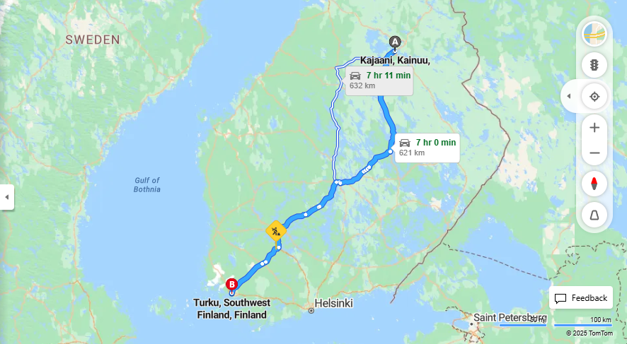 Kajaanista Turkuun - Etaisyys, Ajo, Kuljetus ja Matkustusmahdollisuudet
