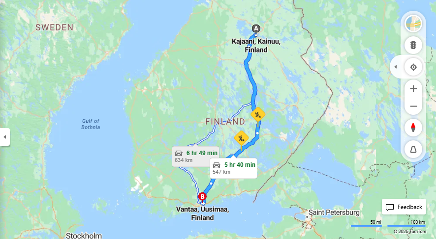 Kajaanista Vantaalle - Etaisyys, ajo, kuljetus ja matkustusvaihtoehdot