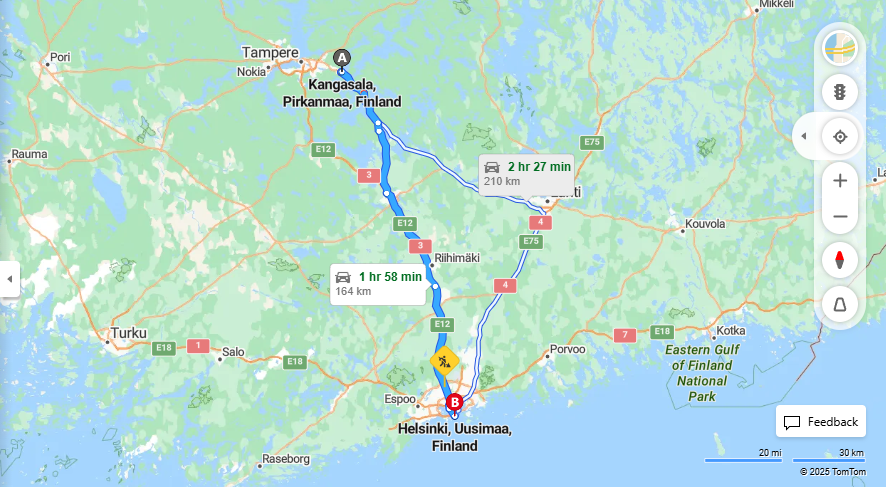 Kangasalan ja Helsingin valinen etaisyys, ajaminen, liikenne ja matkustusvaihtoehdot