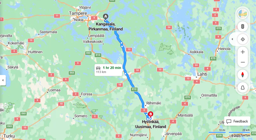 Kangasalan ja Hyvinkaan valinen matka: Etaisyys, ajo, liikenne ja matkustusvaihtoehdot