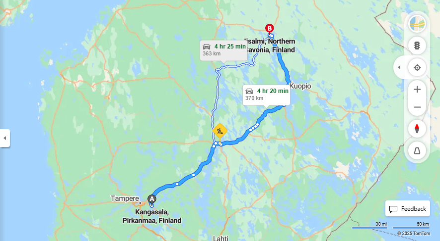 Kangasalan ja Iisalmen valinen matka: etaisyydet, ajaminen, kuljetus ja matkustusvaihtoehdot