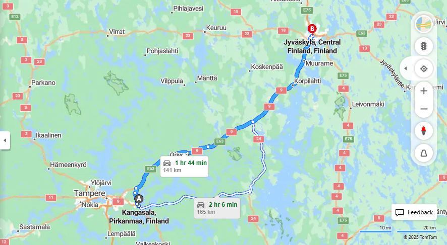 Kangasalan ja Jyvaskylan valinen matka: Etaisyys, ajo, kuljetus ja matkustusvaihtoehdot