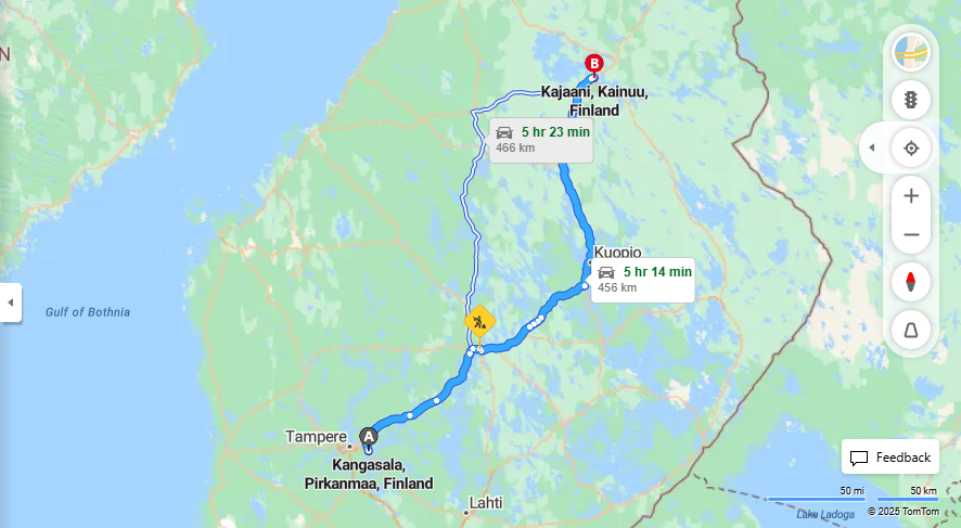 Kangasalan ja Kajaanin valinen etaisyys, ajo, liikenne ja matkustusmahdollisuudet