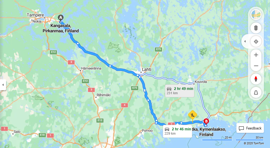 Kangasalan ja Kotkan valinen matka: Etaisyydet, ajo, liikennemuodot ja matkustusvaihtoehdot
