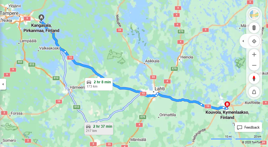 Kangasalan ja Kouvolan valinen etaisyys, ajo, liikenne ja matkustamisvaihtoehdot