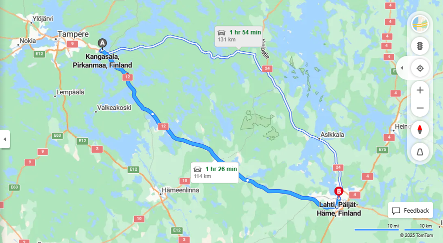 Kangasalan ja Lahden valinen etaisyys, ajo, liikenne ja matkustusvaihtoehdot