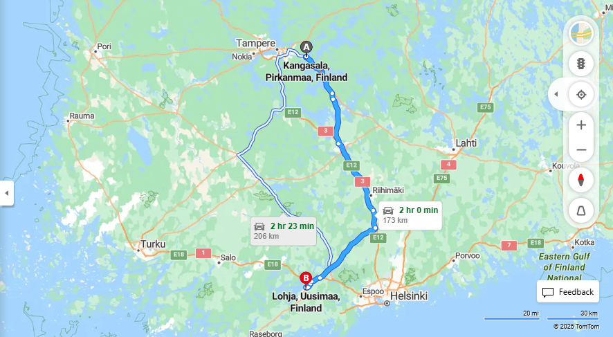 Kangasalan ja Lohjan valinen matka: Etaisyys, ajo, kuljetus ja matkustusvaihtoehdot