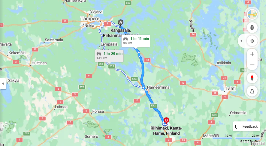 Kangasalan ja Riihimaen valinen etaisyys, ajo, liikenne ja matkustusvaihtoehdot