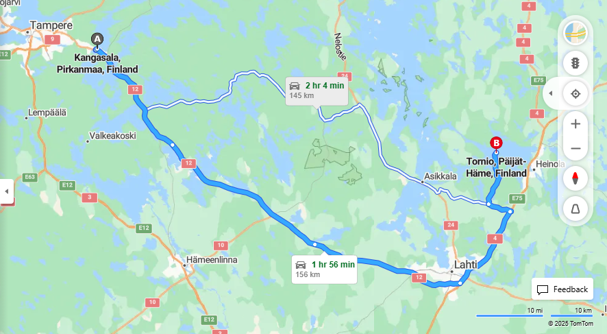 Kangasalan ja Tornion valinen etaisyys, ajaminen, liikenne ja matkustusvaihtoehdot
