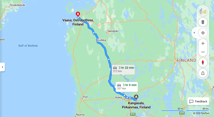 Kangasalan ja Vaasan valinen matka: Etaisyys, ajo, liikenne ja matkustusvaihtoehdot