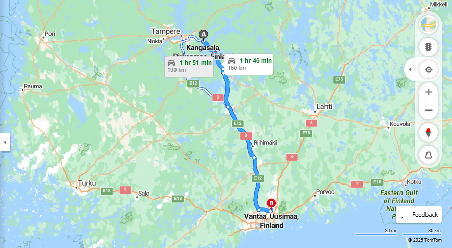 Kangasalan ja Vantaan valinen matka - Etaisyys, ajo, kuljetus ja matkustusvaihtoehdot