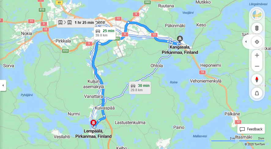 Kangasalta Lempaalaan - Etaisyys, Ajo, Kuljetus ja Matkustusvaihtoehdot