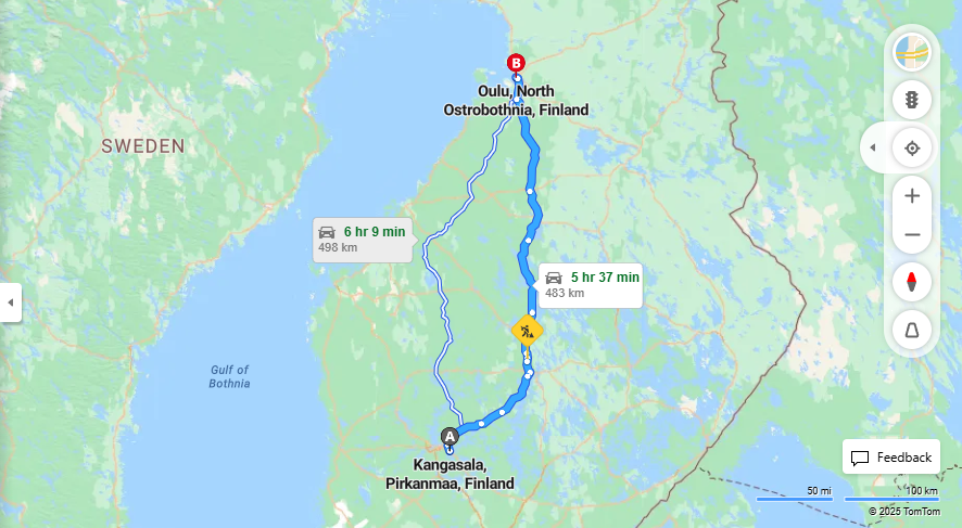 Kangasalta Ouluun - Etaisyys, Ajo, Kuljetus ja Matkustusvaihtoehdot