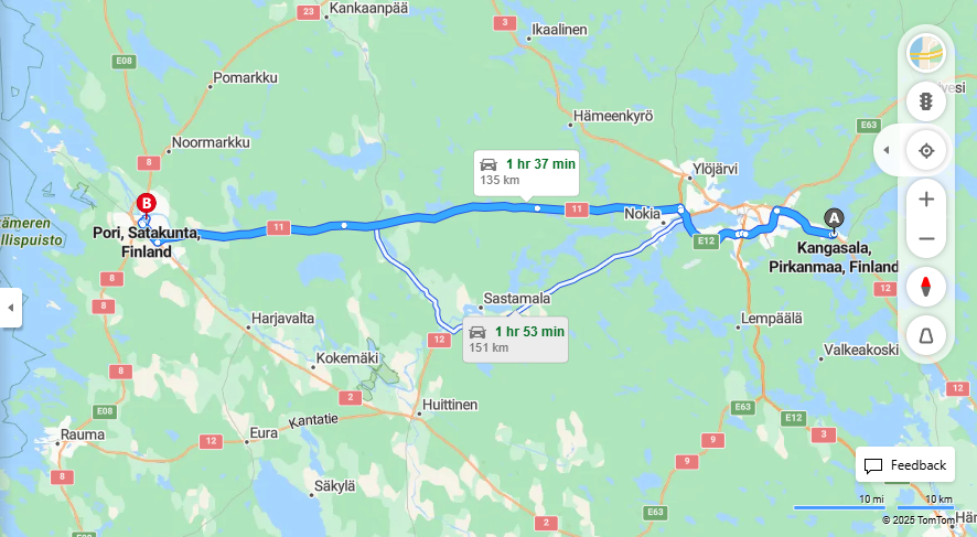 Kangasalta Poriin - Etaisyys, Ajomatka, Kuljetus ja Matkustusvaihtoehdot
