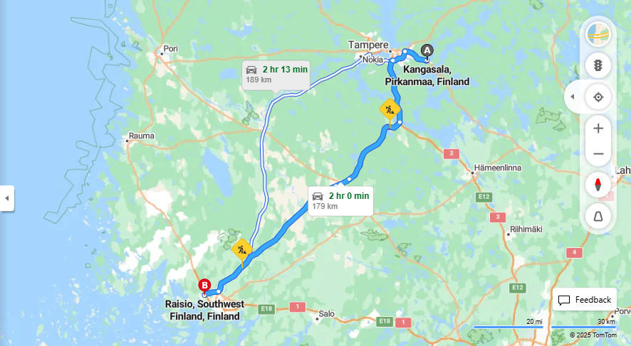 Kangasalta Raisioon - Etaisyys, Ajo, Kuljetus ja Matkustusvaihtoehdot