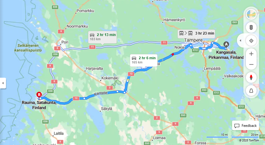 Kangasalta Raumalle - Etaisyys, Ajaminen, Kuljetus ja Matkustusvaihtoehdot