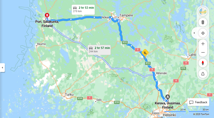 Keravalta Poriin - Etaisyys, Ajomatka, Kuljetus ja Matkustusvaihtoehdot