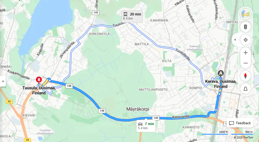 Keravalta Tuusulaan - Etaisyys, Ajo, Kuljetus ja Matkustusvaihtoehdot