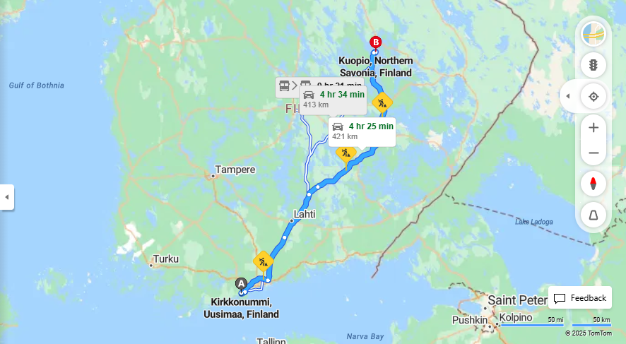 Kirkkonummilta Kuopioon - Etaisyydet, Ajo, Kuljetus ja Matkustusvaihtoehdot