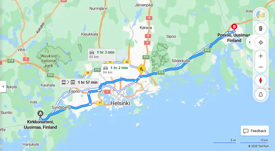 Kirkkonummilta Porvooseen - Etaisyys, Ajo, Liikenne ja Matkustusvaihtoehdot