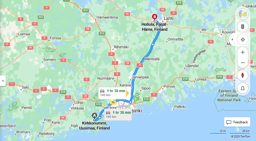 Kirkkonummista Hollolaan - Etaisyys, Ajomatka, Kuljetus ja Matkustusvaihtoehdot