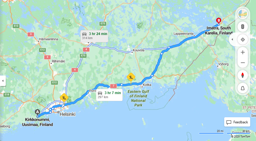 Kirkkonummista Imatralle - Etaisyys, Ajo, Liikenne ja Matkavaihtoehdot
