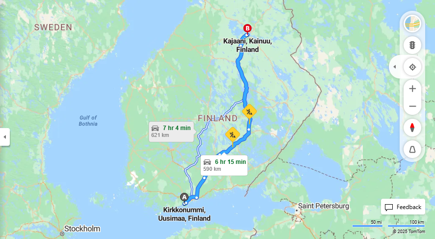 Kirkkonummista Kajaaniin - Etaisyys, Ajomatka, Kuljetus ja Matkustusvaihtoehdot