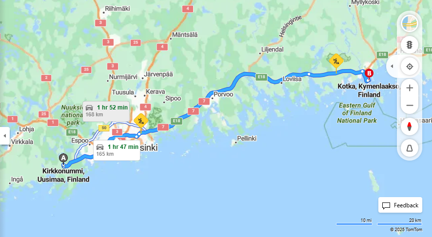 Kirkkonummista Kotkaan - Etaisyys, Ajo, Liikenne ja Matkustusmahdollisuudet