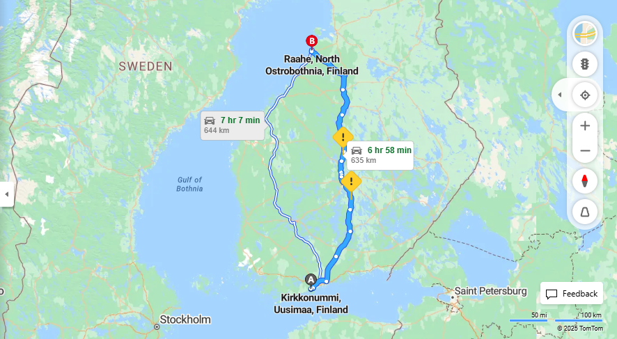 Kirkkonummista Raaheen - Etaisyys, Ajo, Kuljetus ja Matkavaihtoehdot