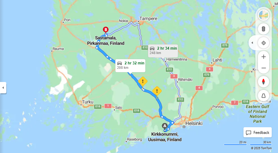 Kirkkonummista Sastamalalle - Etaisyys, Ajaminen, Kuljetus ja Matkustusmahdollisuudet
