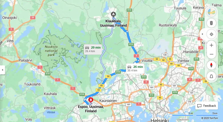 Klaukkalasta Espooseen - Etaisyys, Ajaminen, Kuljetus ja Matkustusvaihtoehdot
