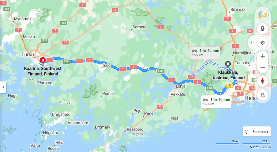 Klaukkalasta Kaarinaan - Etaisyydet, Ajomatkat, Kuljetus ja Matkustusvaihtoehdot