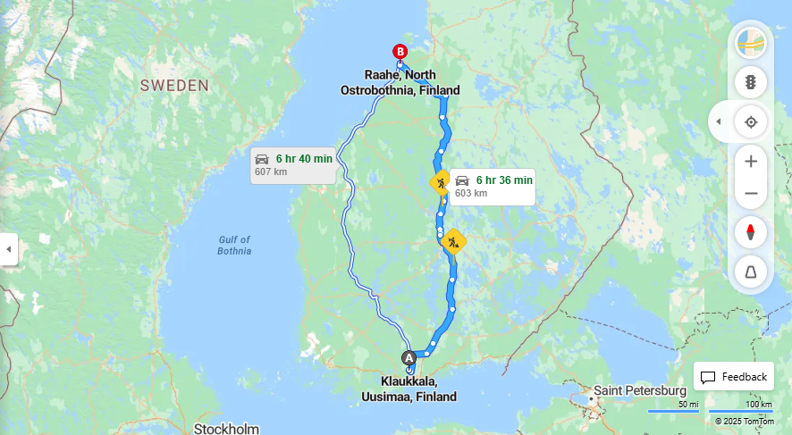 Klaukkalasta Raaheen - Etaisyys, Ajomatka, Kuljetus ja Matkustusvaihtoehdot