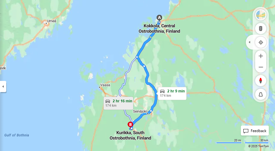 Kokkola - Kurikka: Matka, Ajomatka ja Kuljetusvaihtoehdot