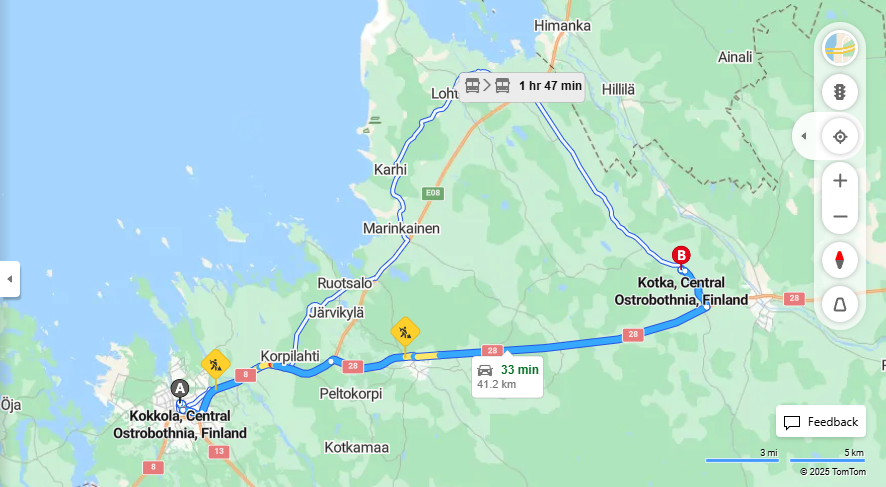Kokkolaasta Kotkaan - Etaisyys, Ajo, Kuljetus ja Matkustusvaihtoehdot