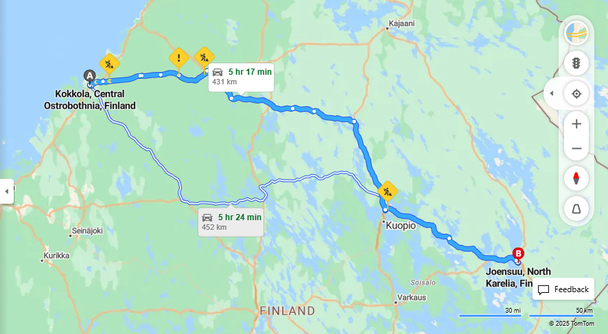 Kokkolasta Joensuuhun - Etaisyys, Ajomatka, Liikenne ja Matkustusvaihtoehdot